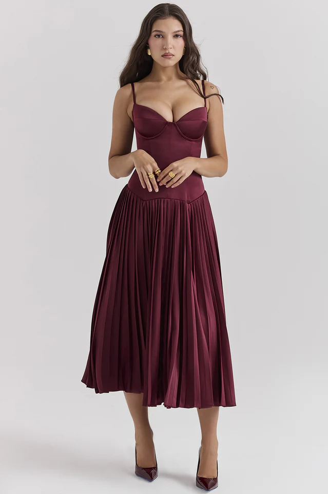 Burgundy Pleated Midi Dress