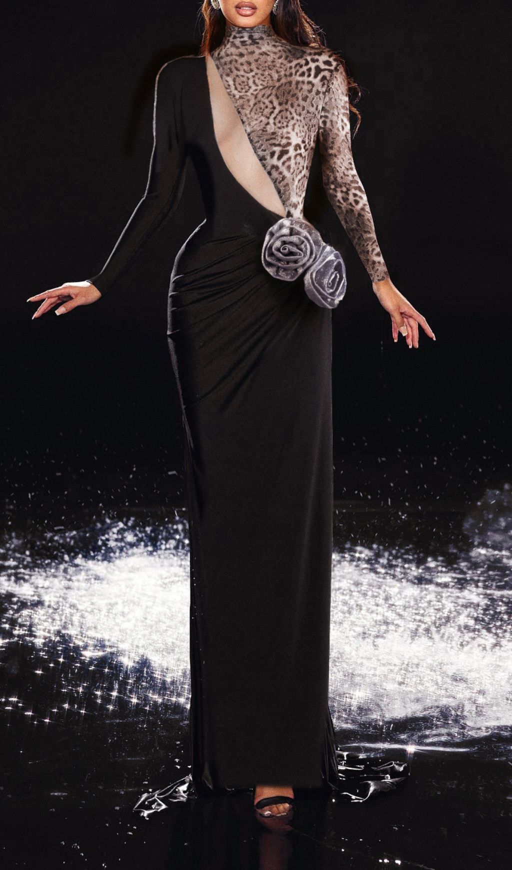 Black Leopard Flower Maxi Dress