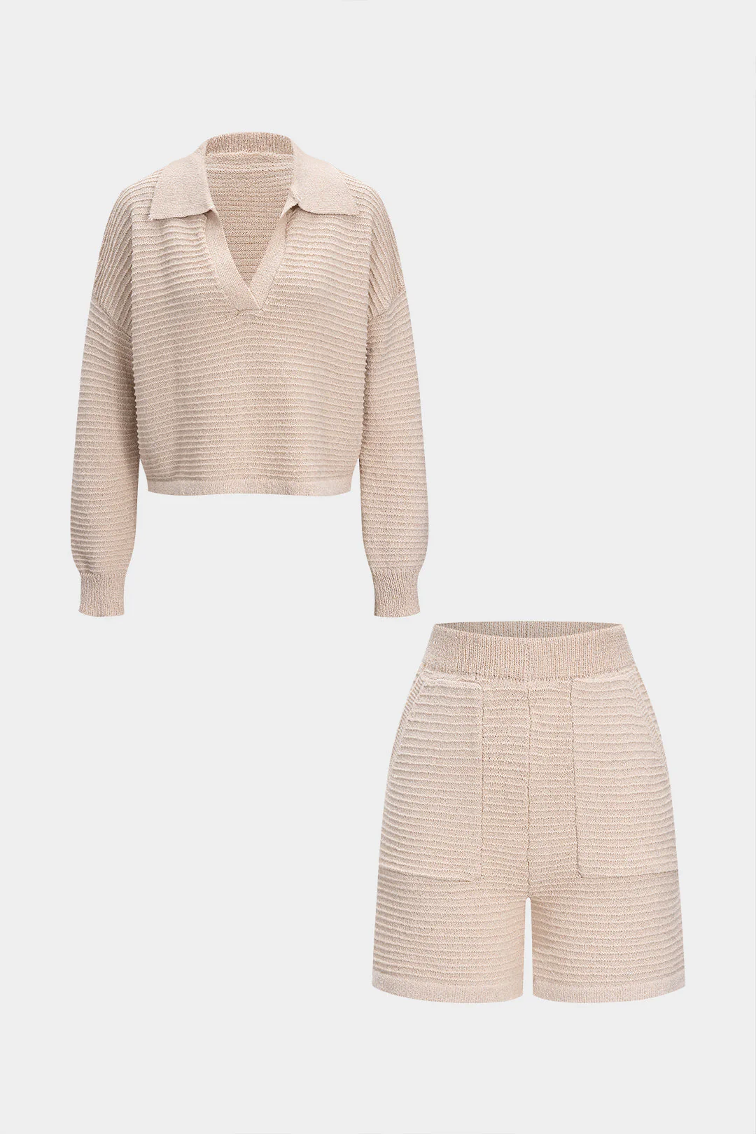 Knit Texture Long-Sleeve Top And Pocket Shorts Set