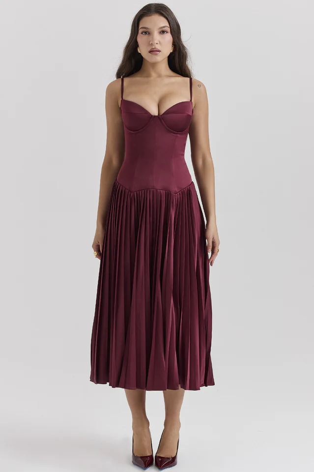 Burgundy Pleated Midi Dress