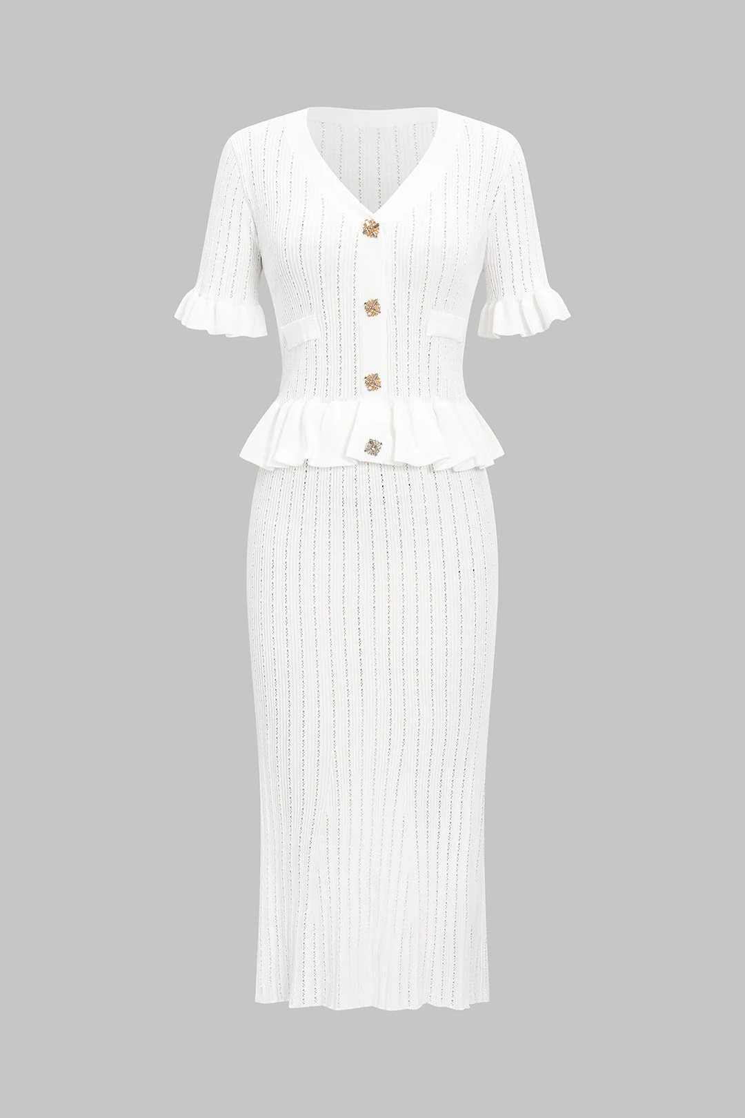 Knit V-Neck Ruffle Short Sleeve Shirt And Fish Tail Skirt Set