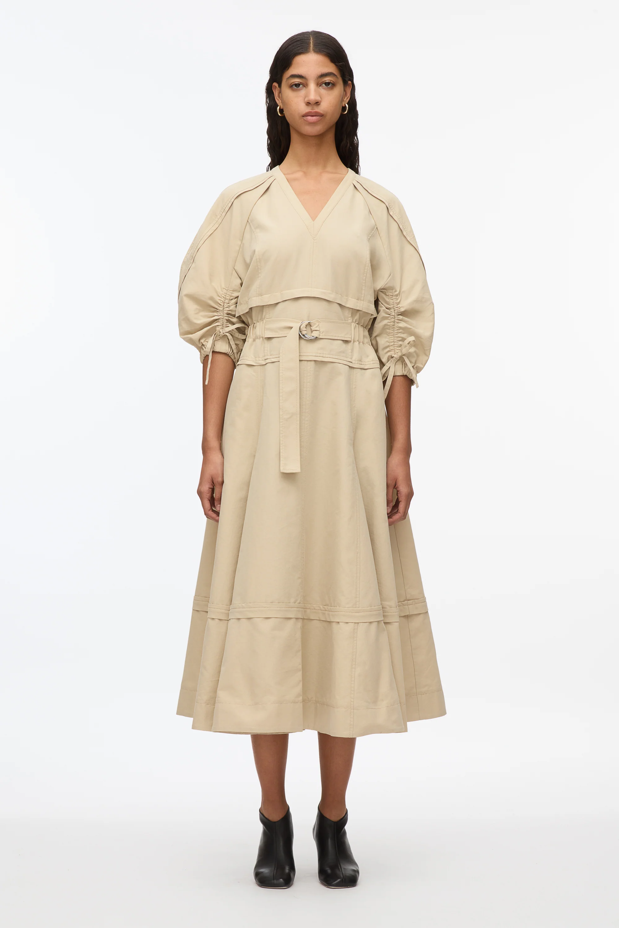 Cinched V-Neck Dress with Gathered Sleeves
