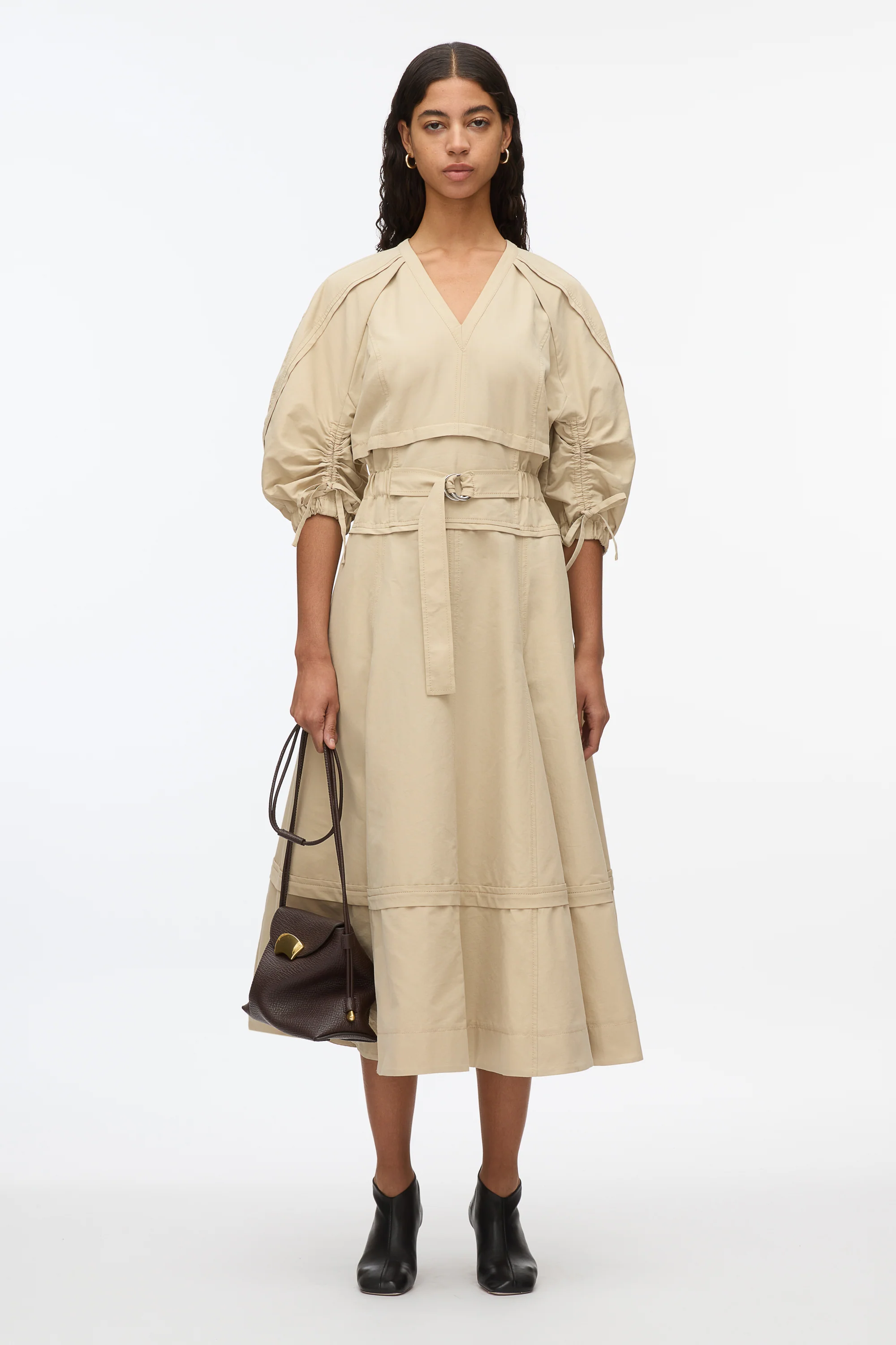 Cinched V-Neck Dress with Gathered Sleeves