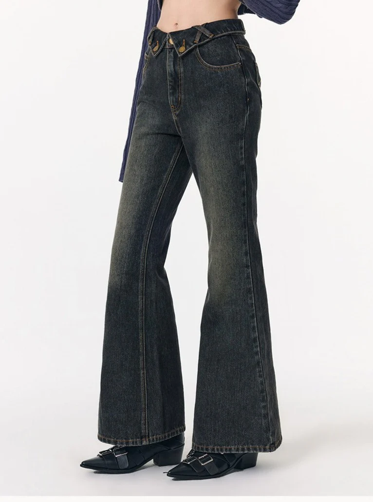 Retro distressed wash slim  jeans pants